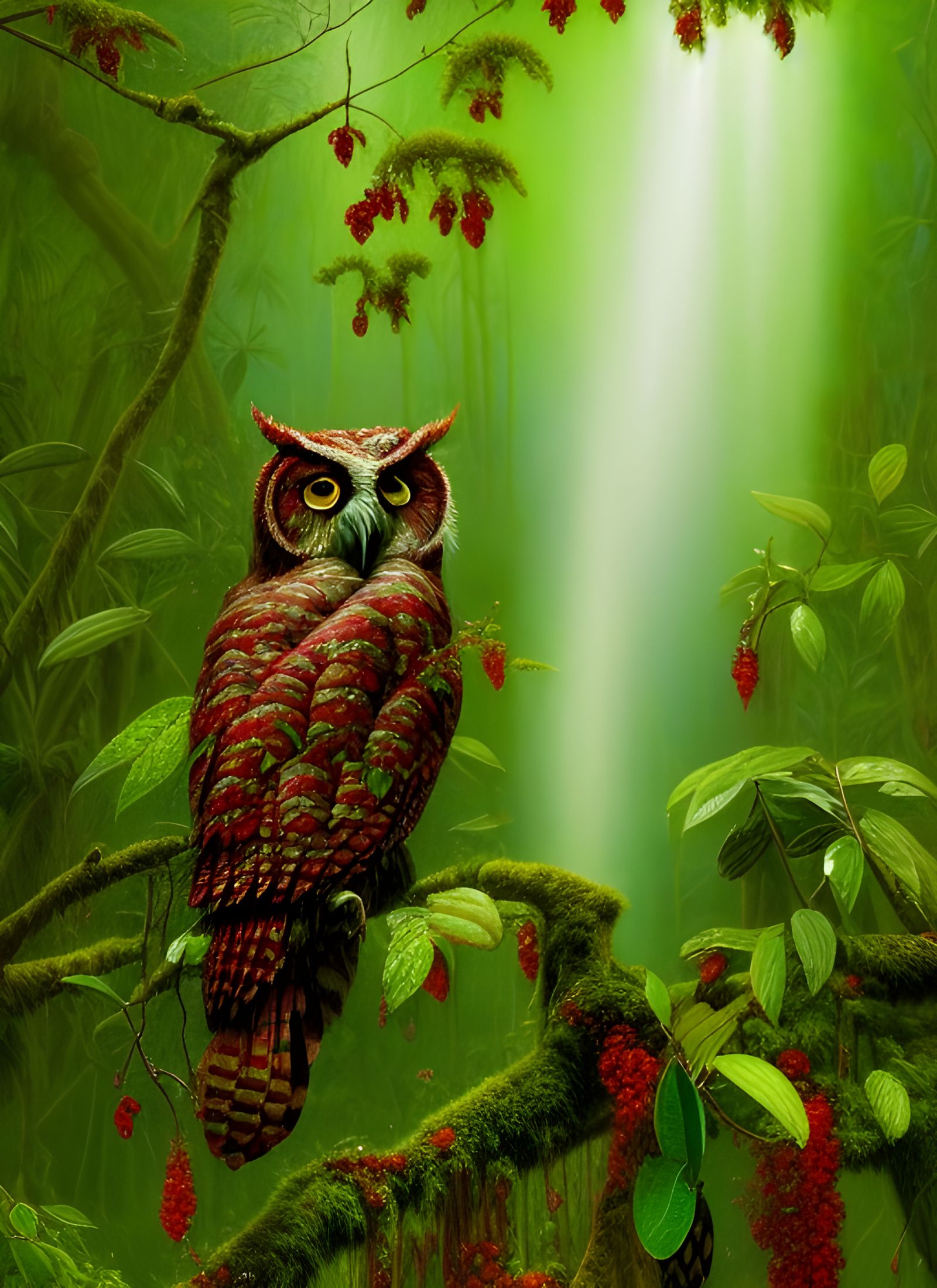 Lush Rainforest Owl with Huckleberries