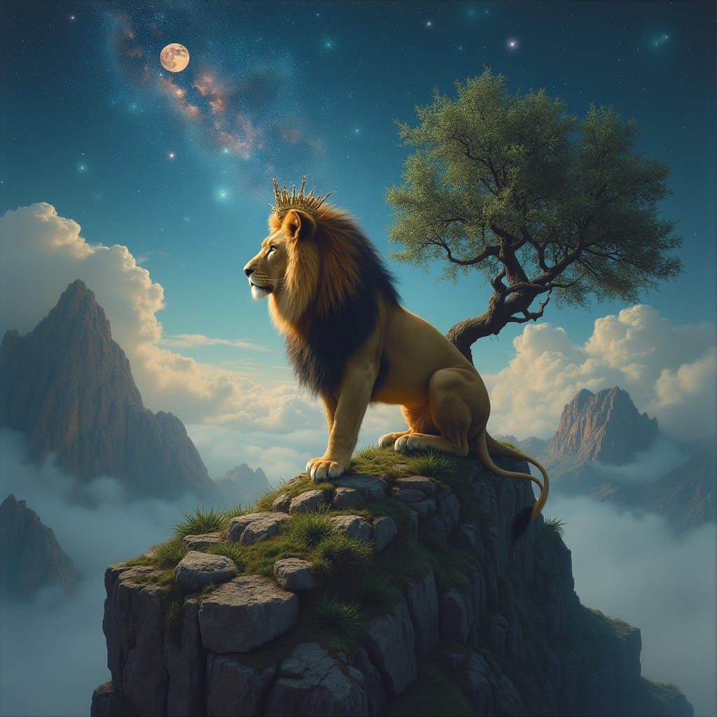 Lion with Starry Crown on Misty Mountaintop