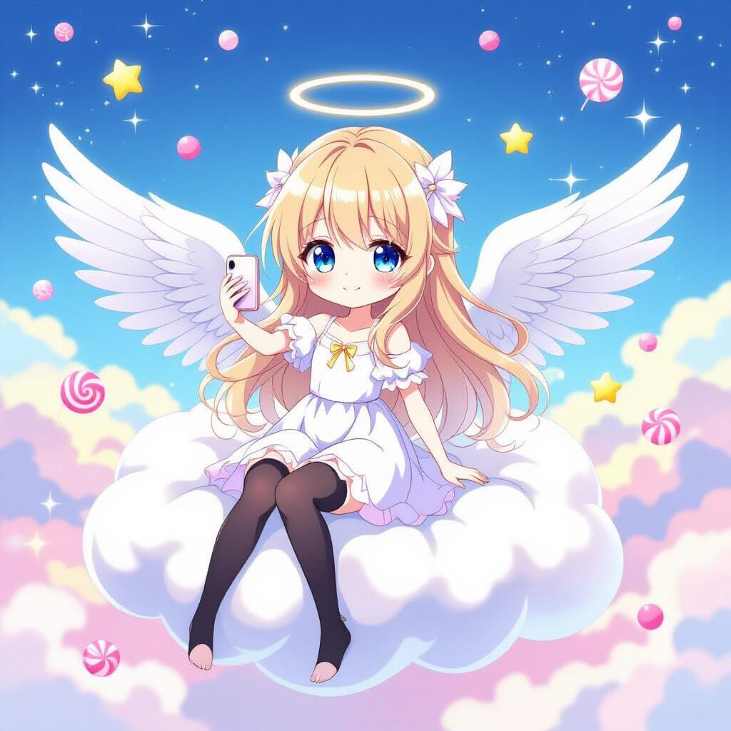 Anime Chibi Angel Taking Selfies on Cloud Wings