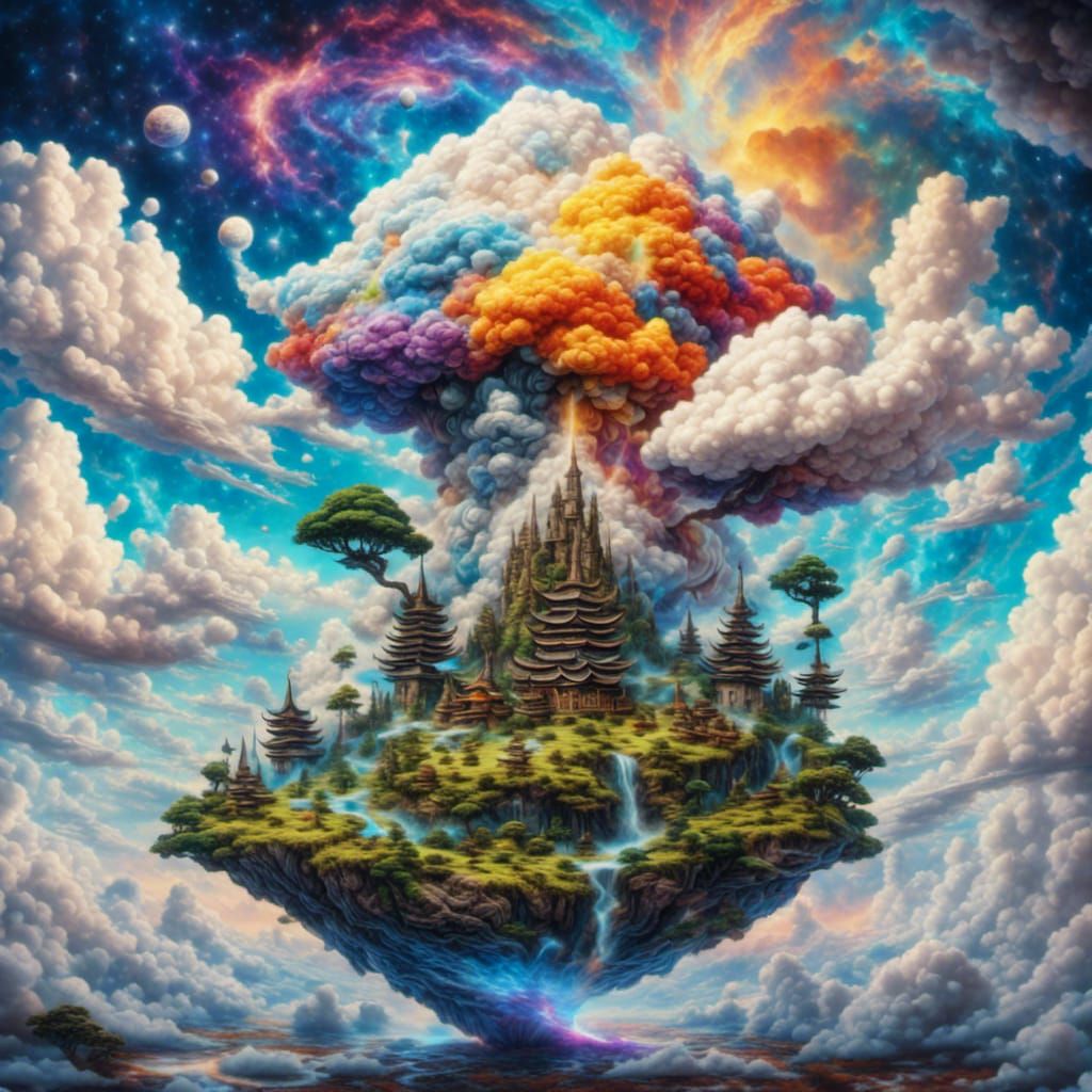 Holographic Clouds in Pablo Amaringo Style