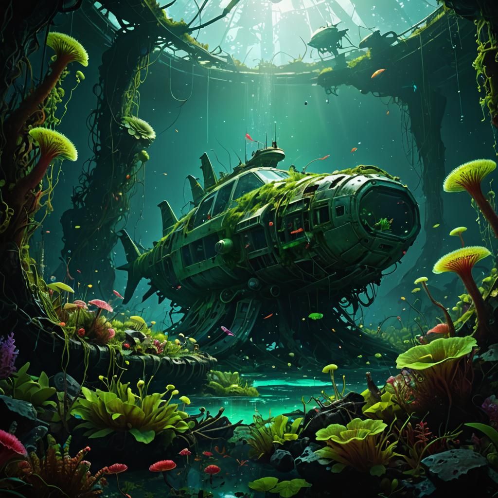 Underwater Starship Wreckage with Glowing Sundews