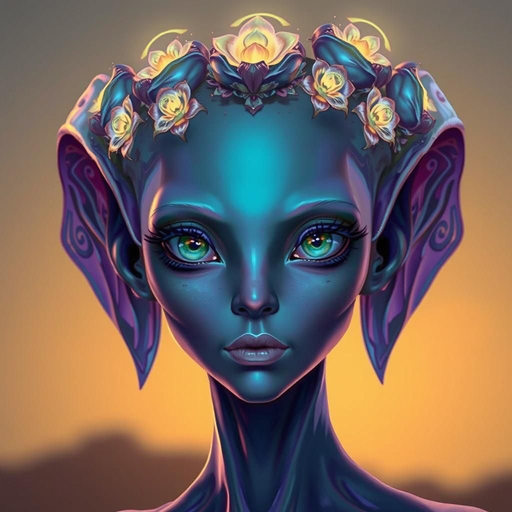 A regal, bio-luminescent alien woman standing majestically, with elongated, angular ears sweeping back and up.