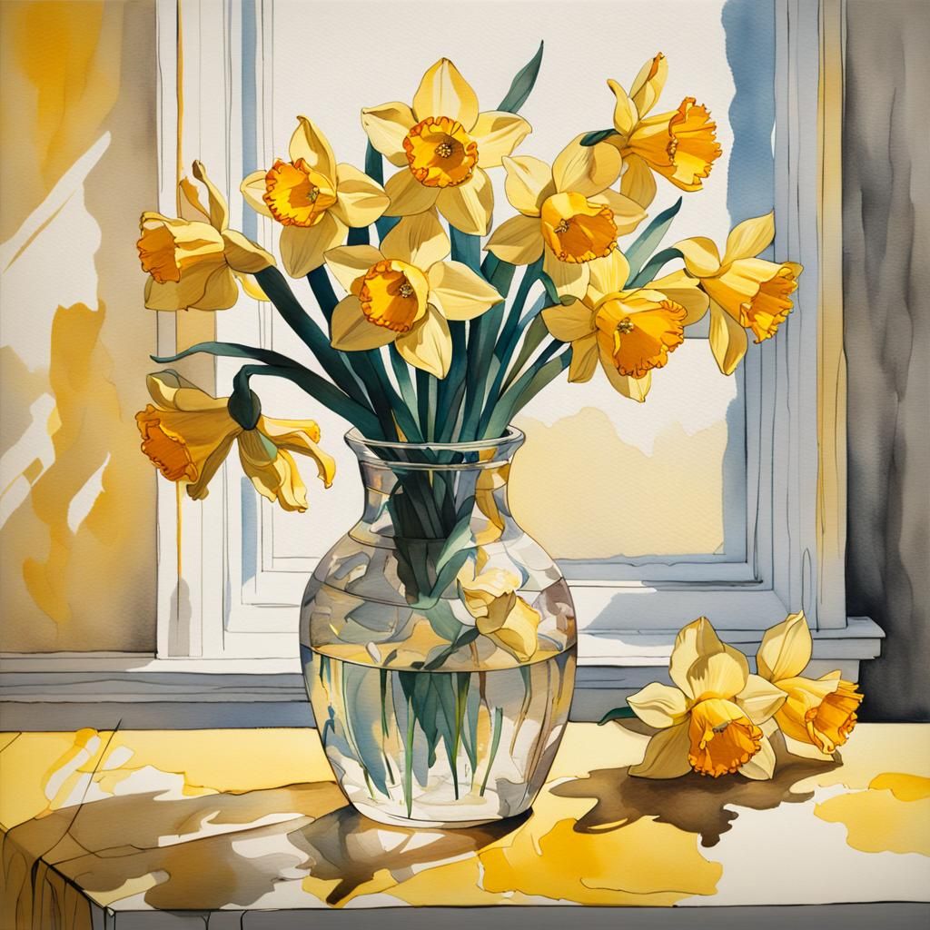 Daffodils in Crystal Vase: Ink Art