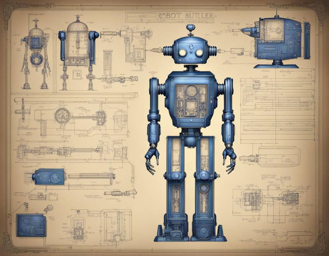 Steampunk Robot Butler Blueprint with Glowing Lights