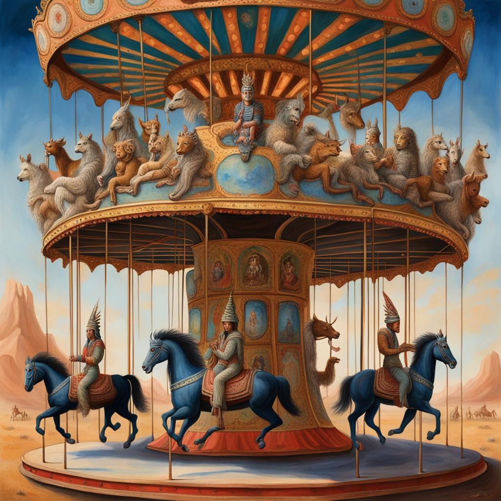 Annunaki deities ride a carousel with animals evenly spaced ...