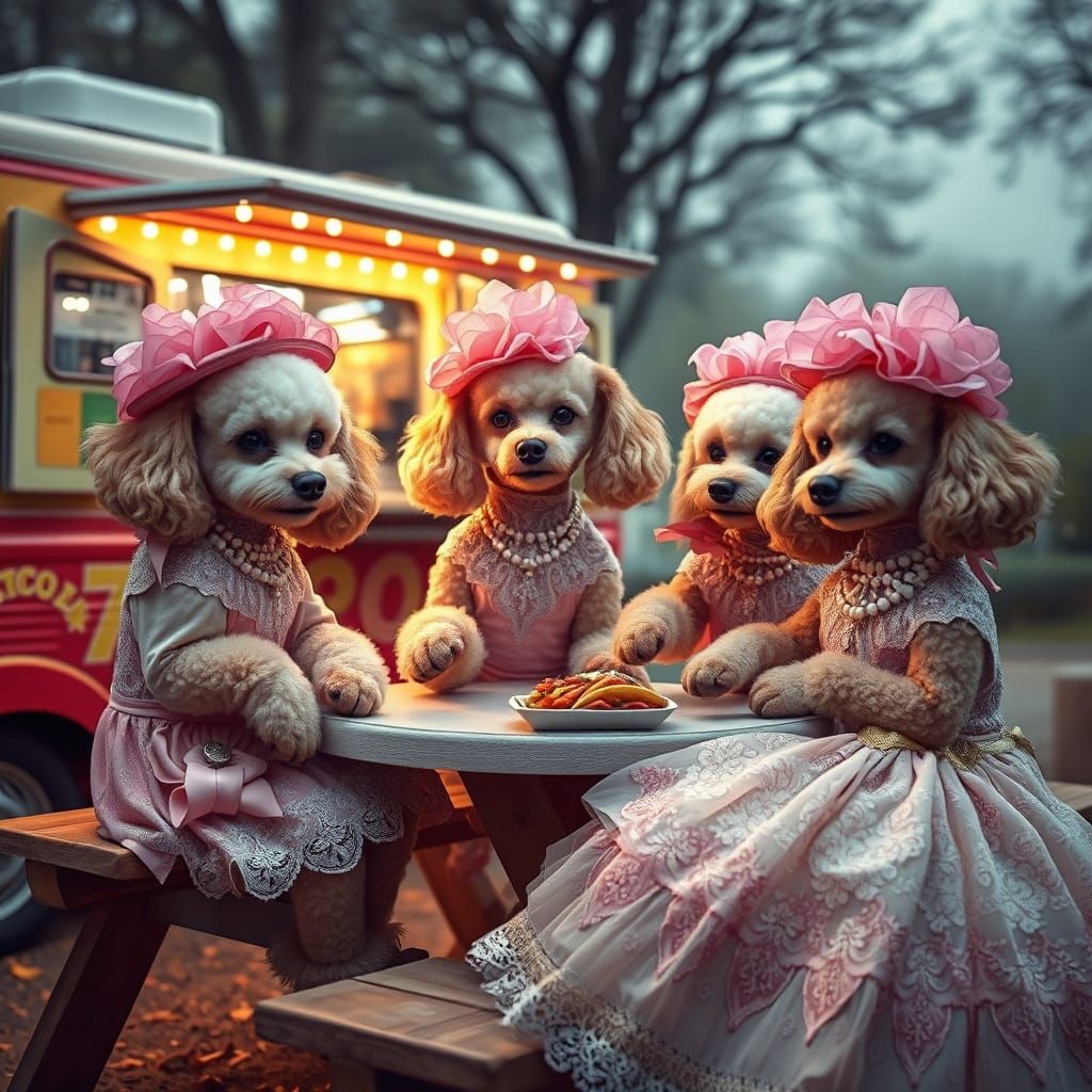 Elegant French Poodles Savor Tacos in Cinematic Setting