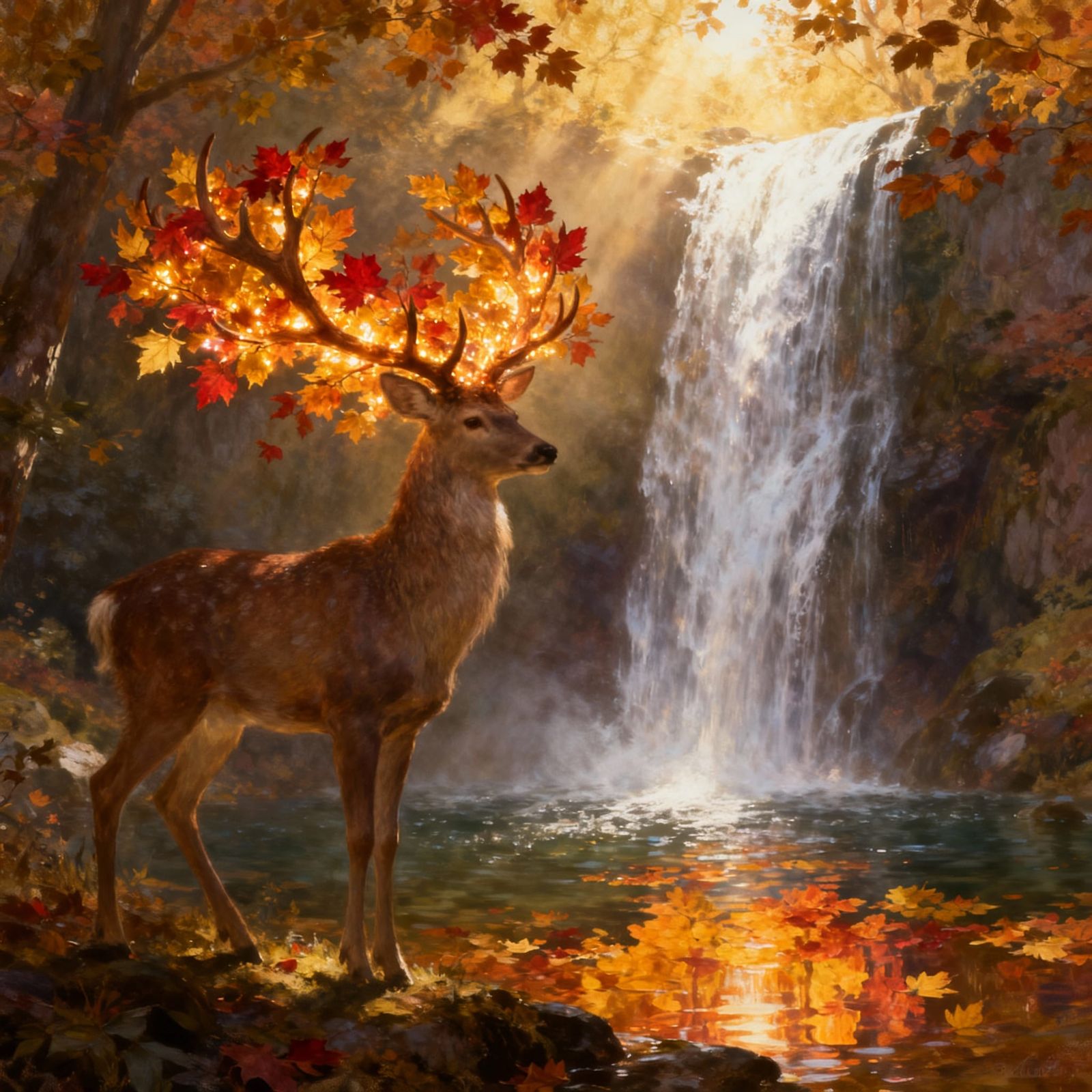 Mystical Stag by Waterfall in Autumn Glow