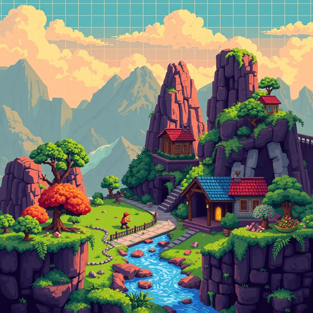 Retro Arcade Game Pixel Art Scene