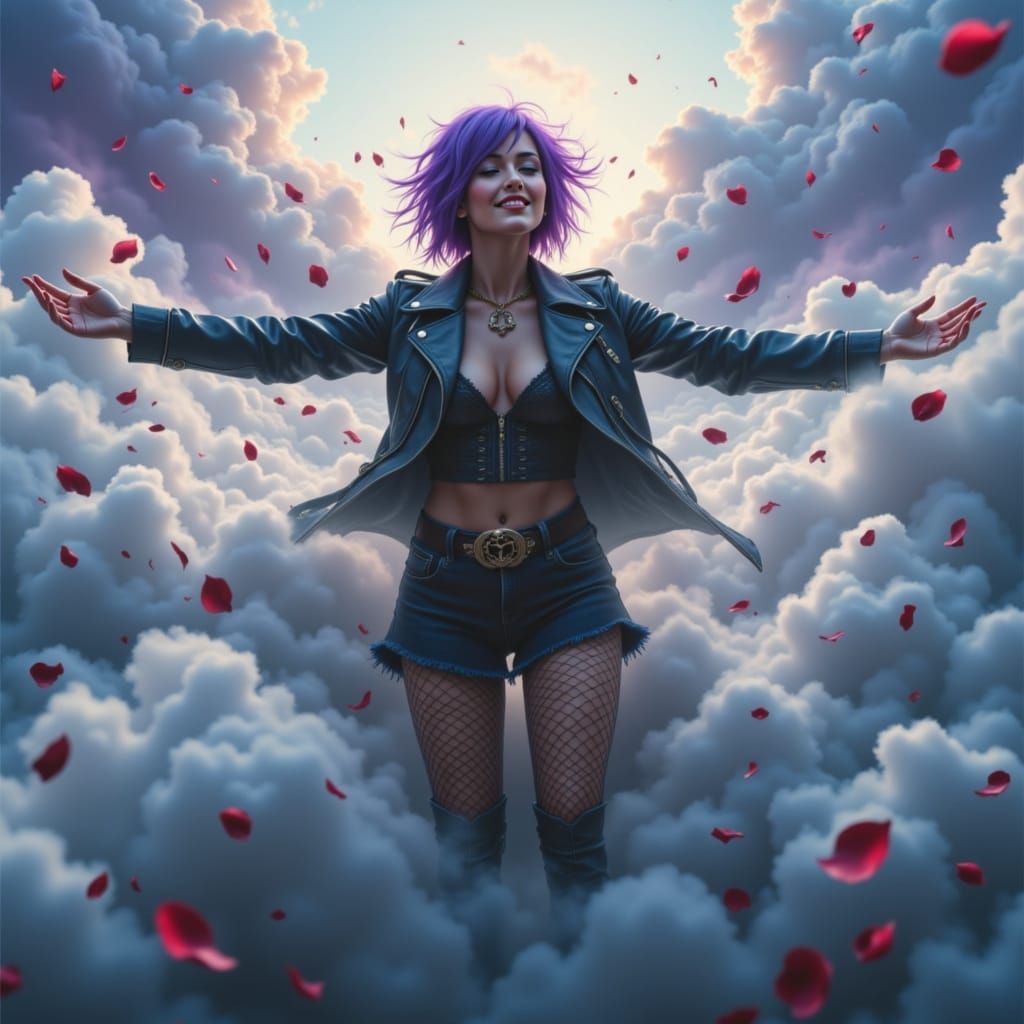 Punk Woman Guitarist in Cloud Sea with Rose Petals