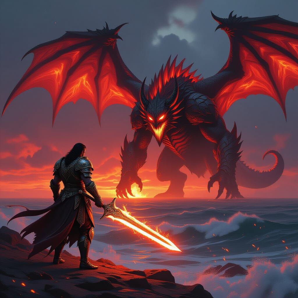 Warrior Confronts Fire Beast on Crimson Hills