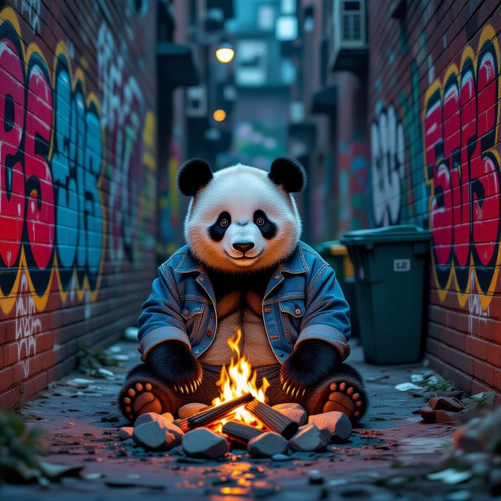 Panda in Denim Jacket by Campfire in Graffiti Alley