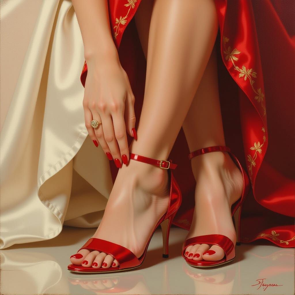 Shapely Leg in Roman Sandal with Red Nails