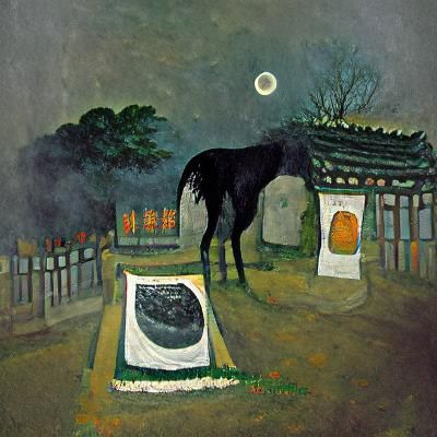 Black Horse in Graveyard Under Moonlight