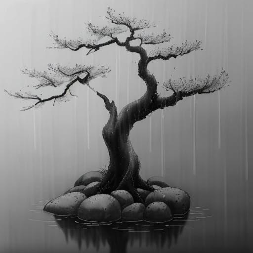 Solitary Tree in Rain - Sumi-e Ink Wash Painting