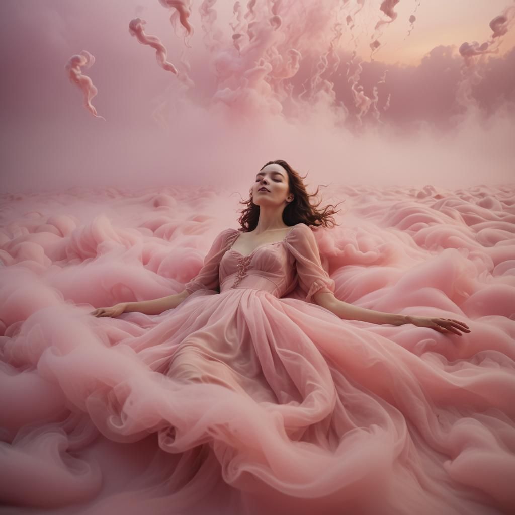 Dreamlike Surrealism: Woman in a Sea of Pink Mist