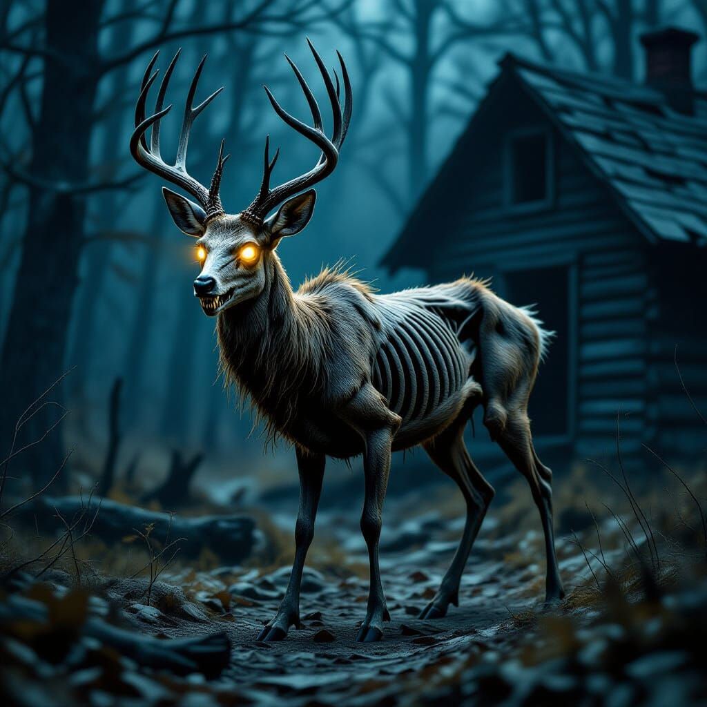 Creepy Skeletal Deer Walks in Dark Woods