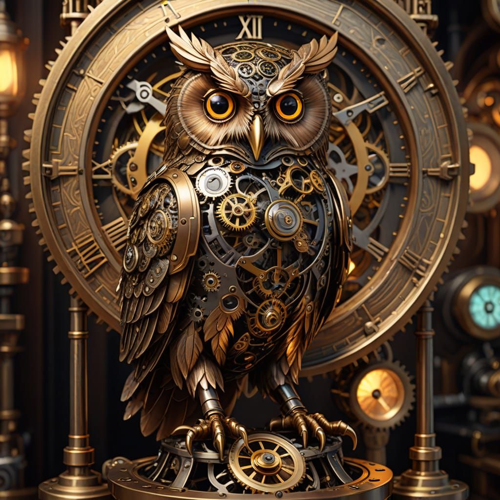 Steampunk Mechanical Owl with Glowing Clockwork Details
