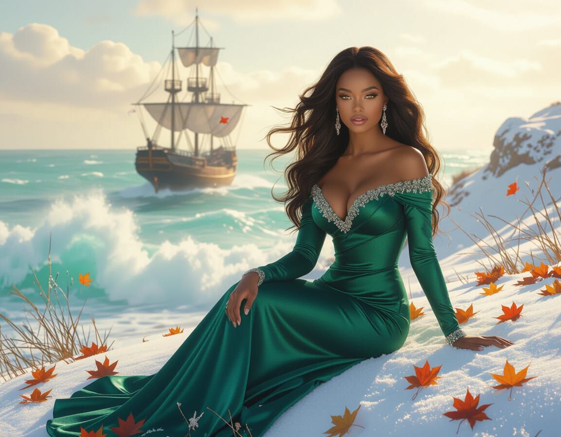 African Princess in Emerald Dress on Snowy Hill