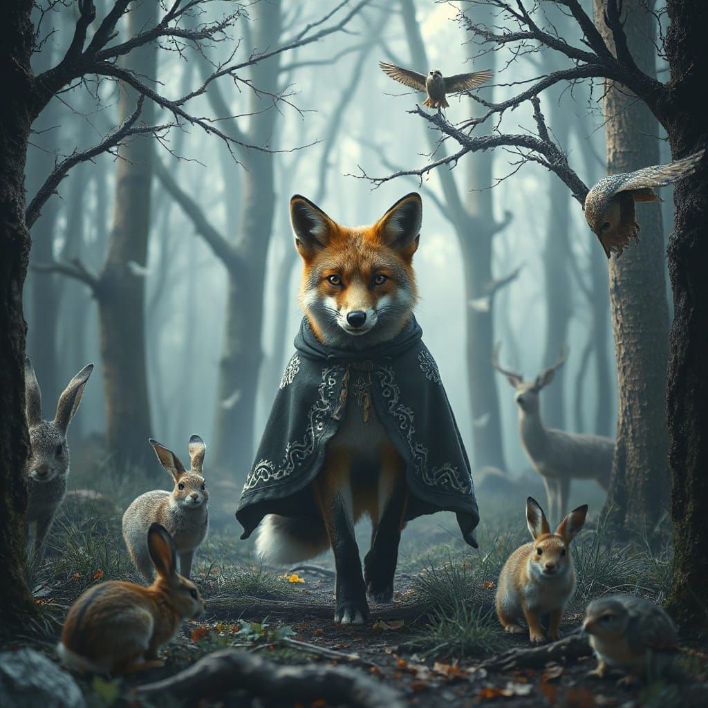 Fox in Embroidered Cloak in Mystical Forest
