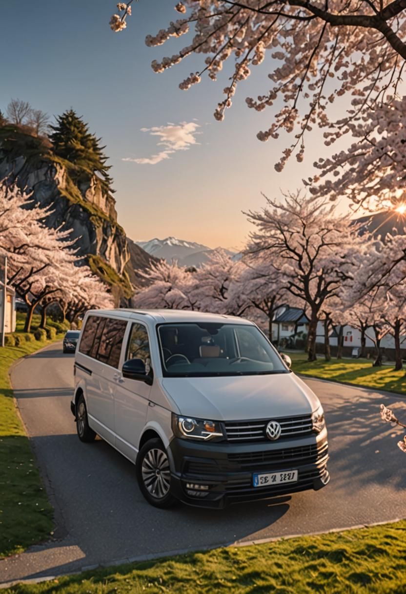 Volkswagen T6 Caravelle at Sunset with Blossoms
