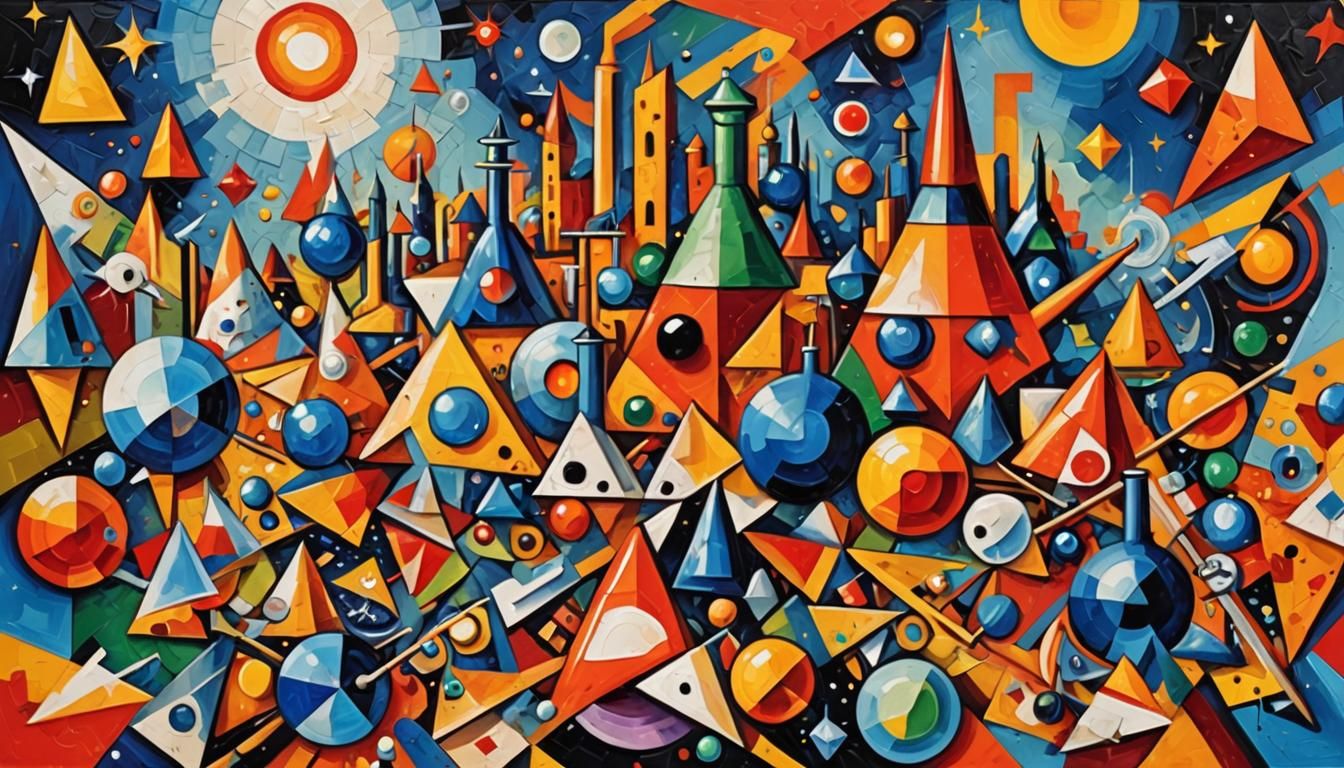 Abstract Cubist Collage in Bright Triadic Colors