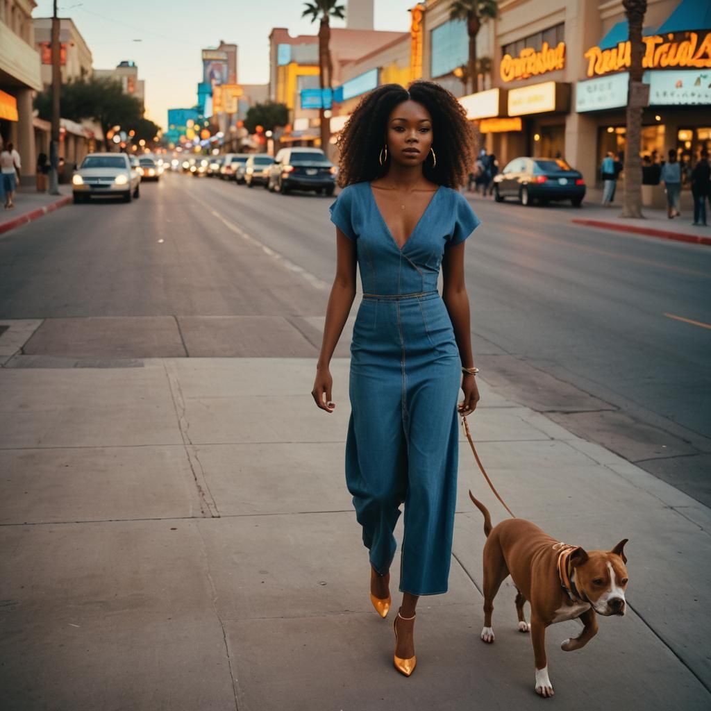 Woman and Pitbull in Las Vegas: Cinematic Film Still