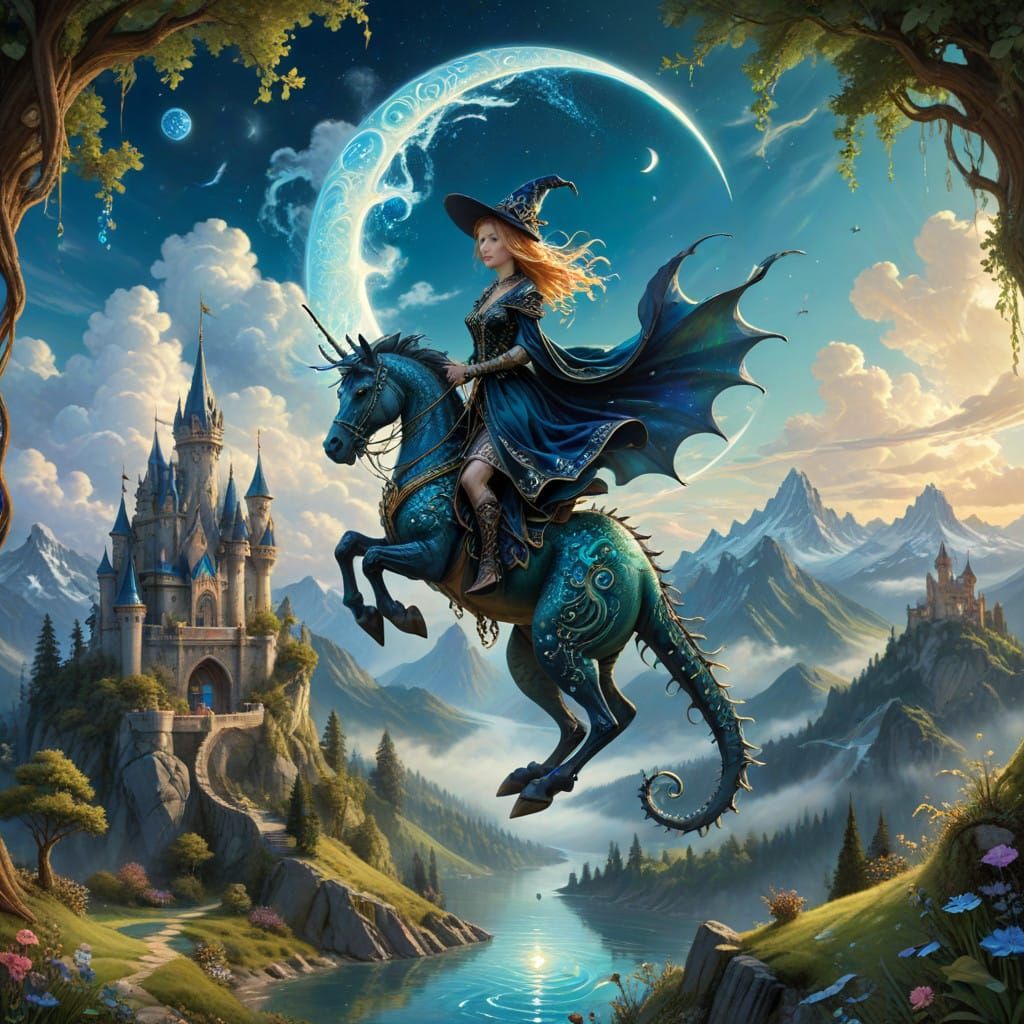 A young Witch wearing riding a  horse flying around in cloudy sky at sunny day