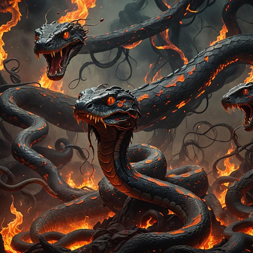 Nine-Headed Hydra in a Hellish Landscape