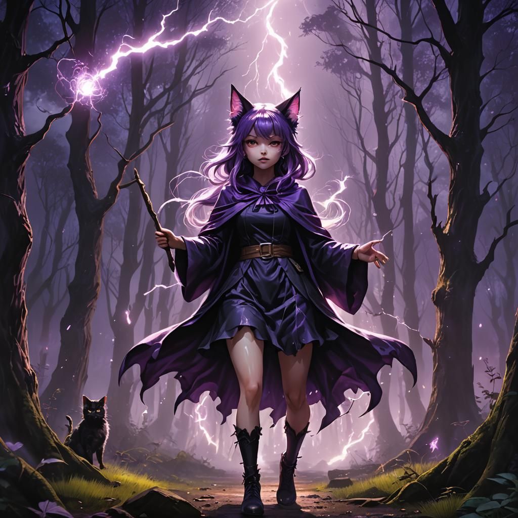 Cat-Eared Girl Casting Lightning in Anime Style