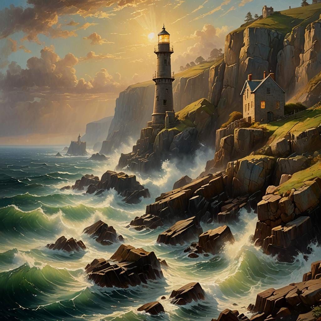 Cornish Engine Houses and Lighthouse on Rocky Cliffs