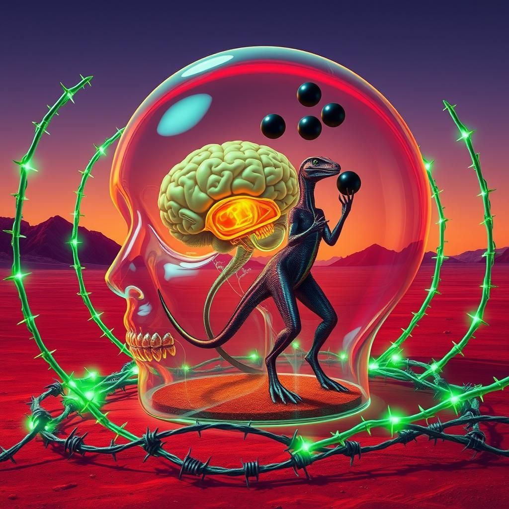 Surreal Desert Scene with Alien and Glass Head