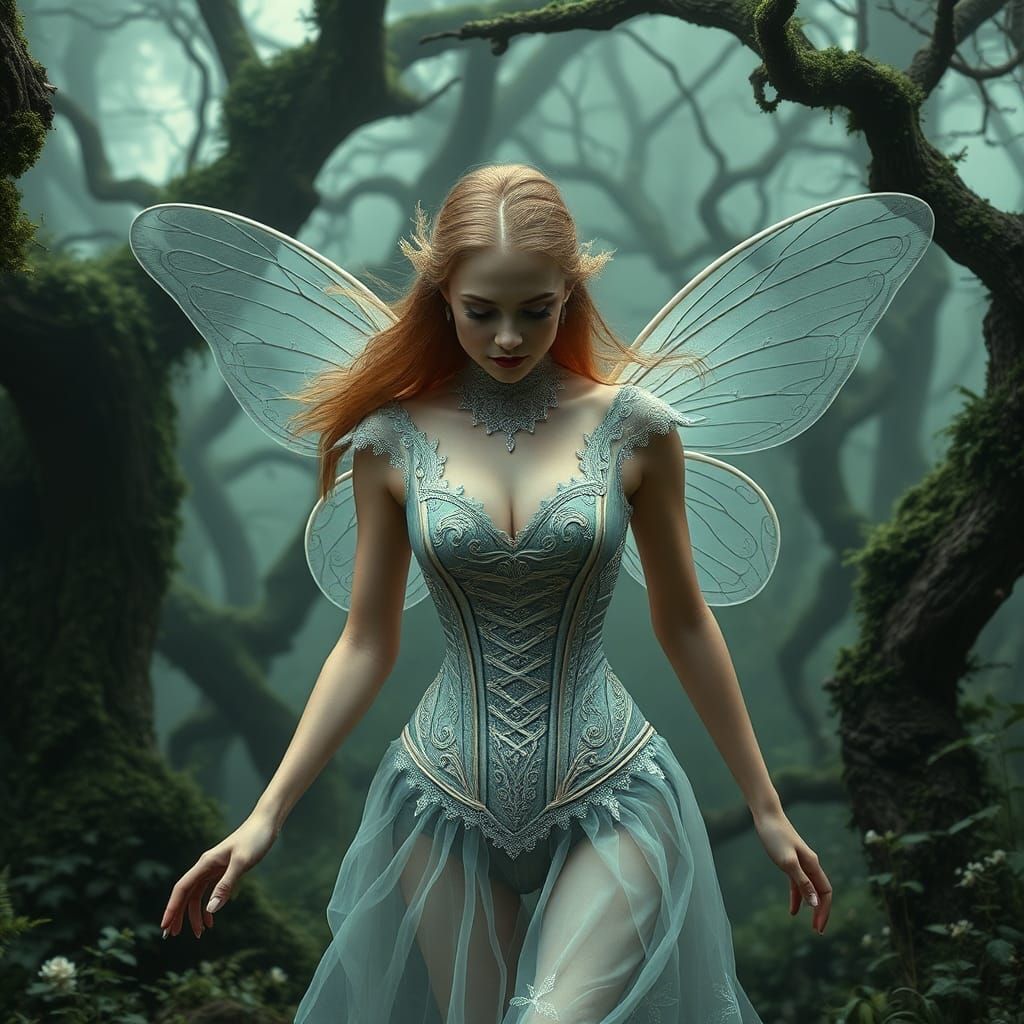 Victorian Fairy in Haunted Forest, Hyperrealistic Style