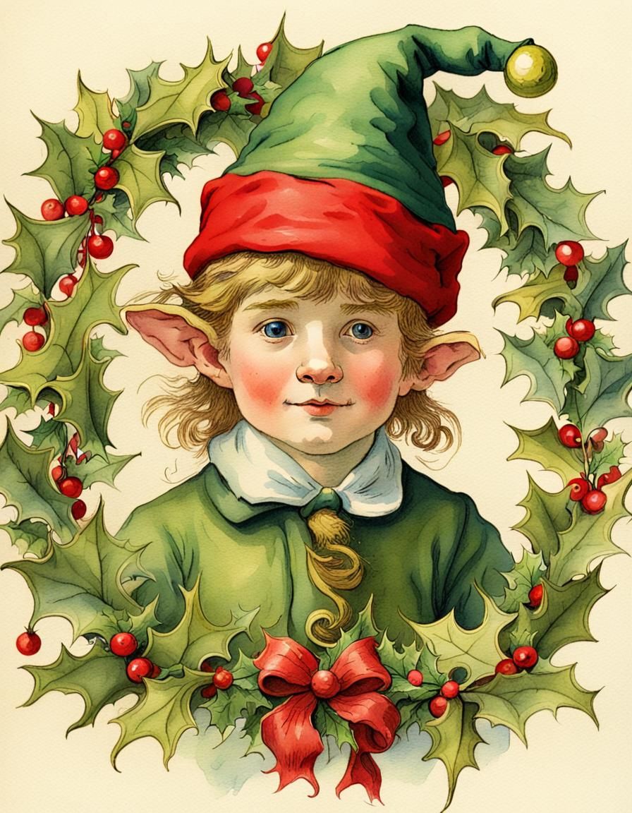 Christmas Elf in Whimsical Watercolor Style, Holding Festive...