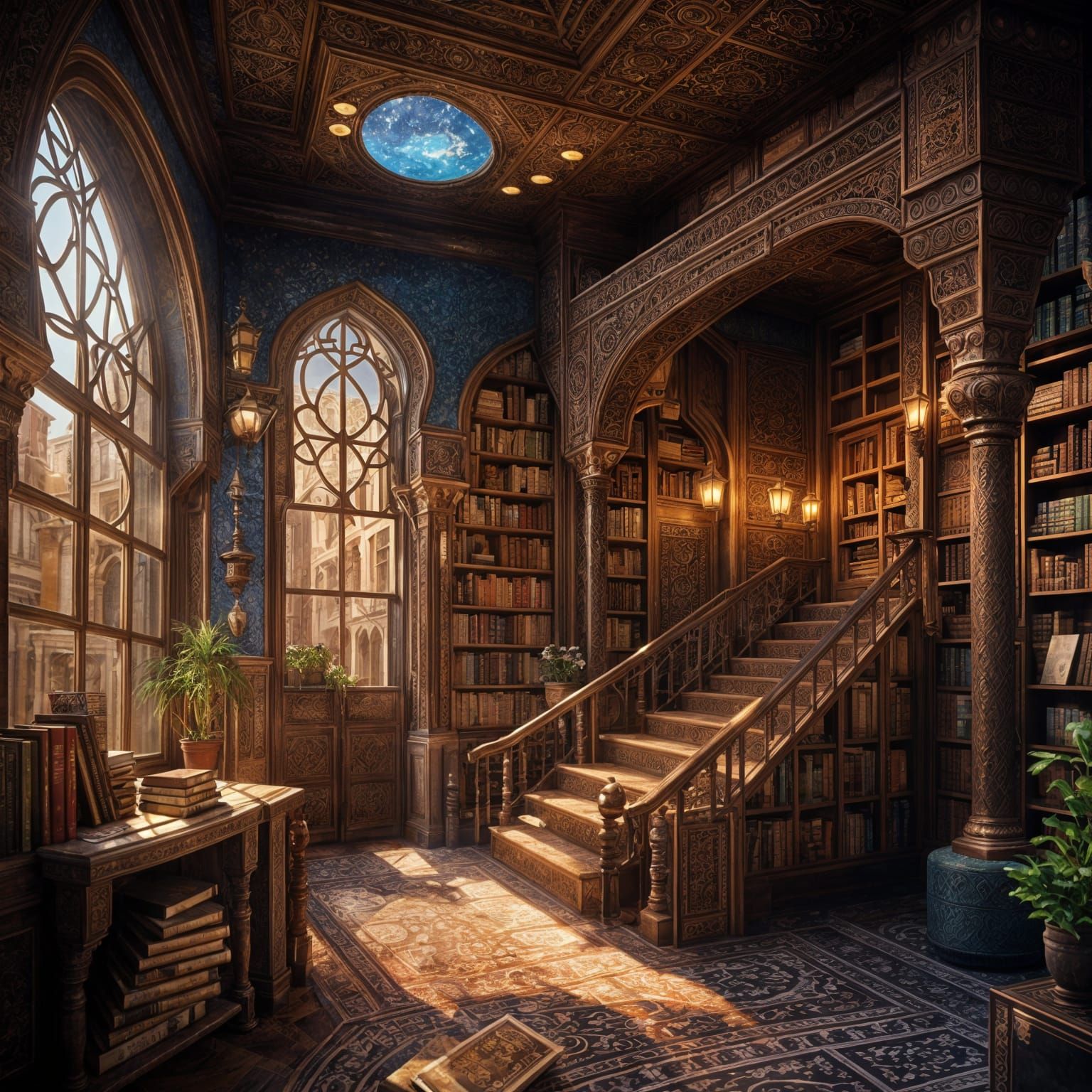 Fantastical Arabian Bookshop Balcony in Detailed Matte Paint...