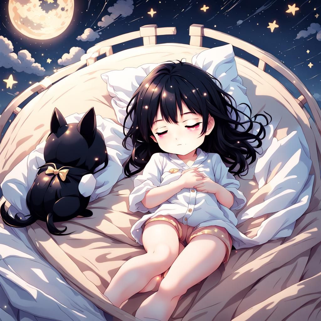 Chibi Girl Sleeping Under Starry Sky: Anime Art