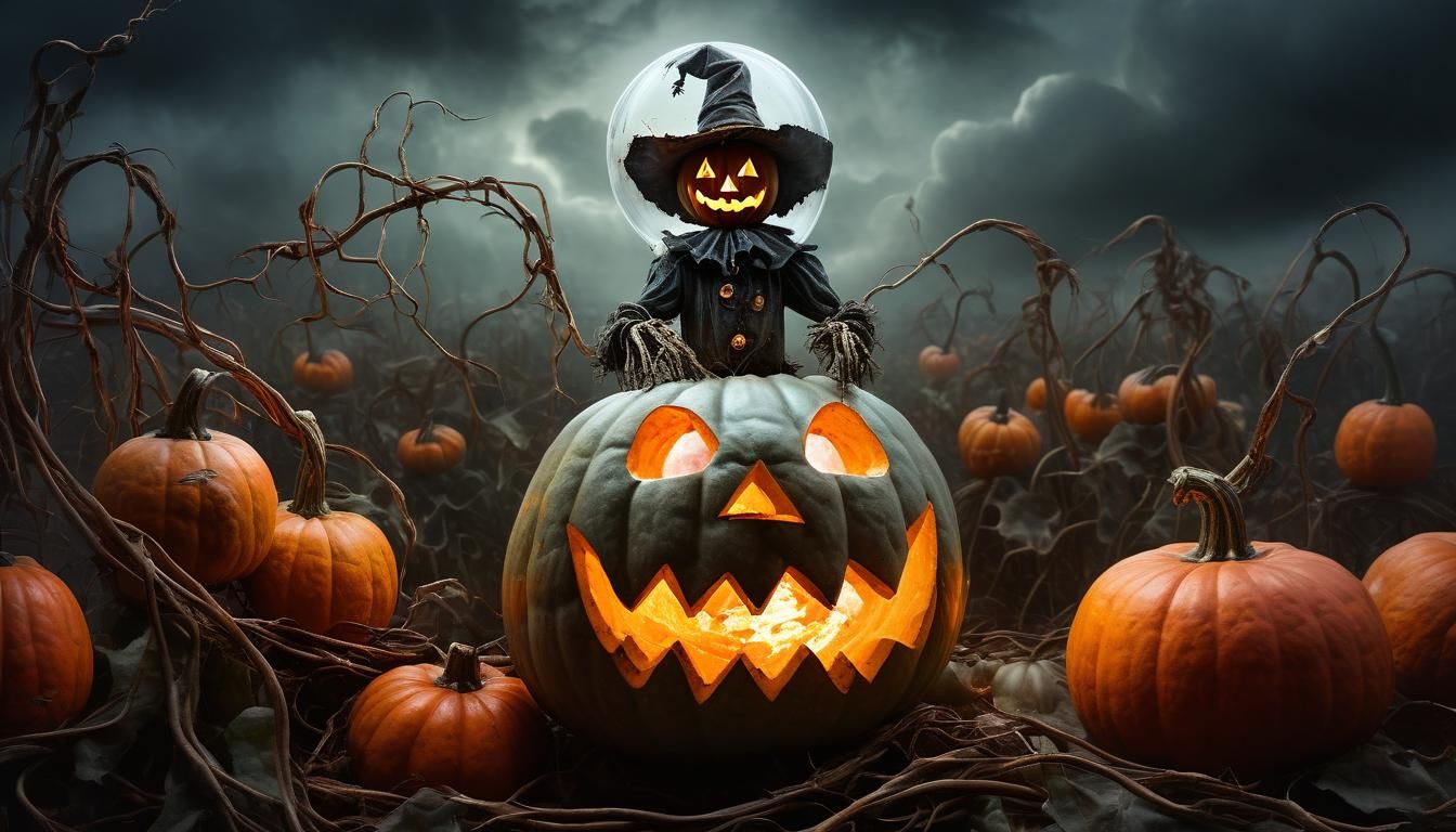 Eerie Scarecrow in Pumpkin Patch: Dark Magic Surrealism