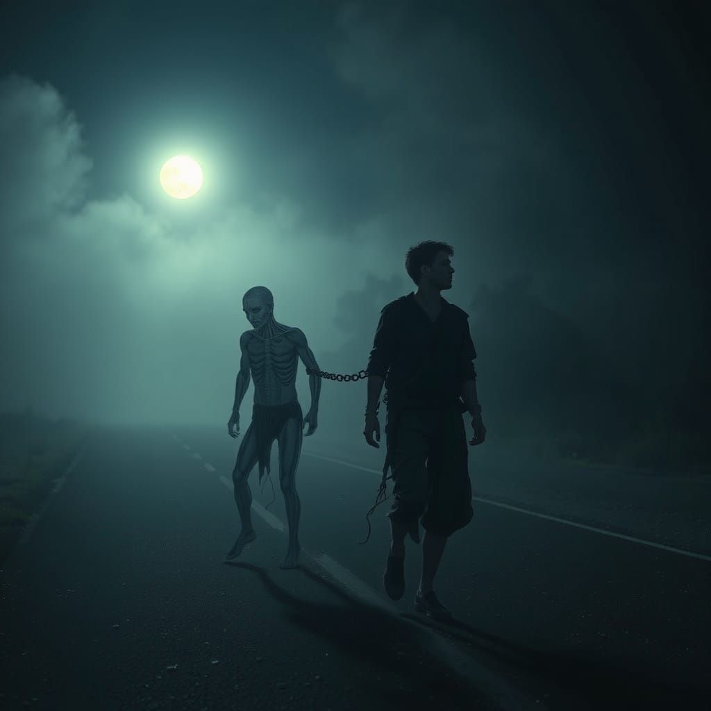 Man Chained to Ghost in Dark Surrealism Style