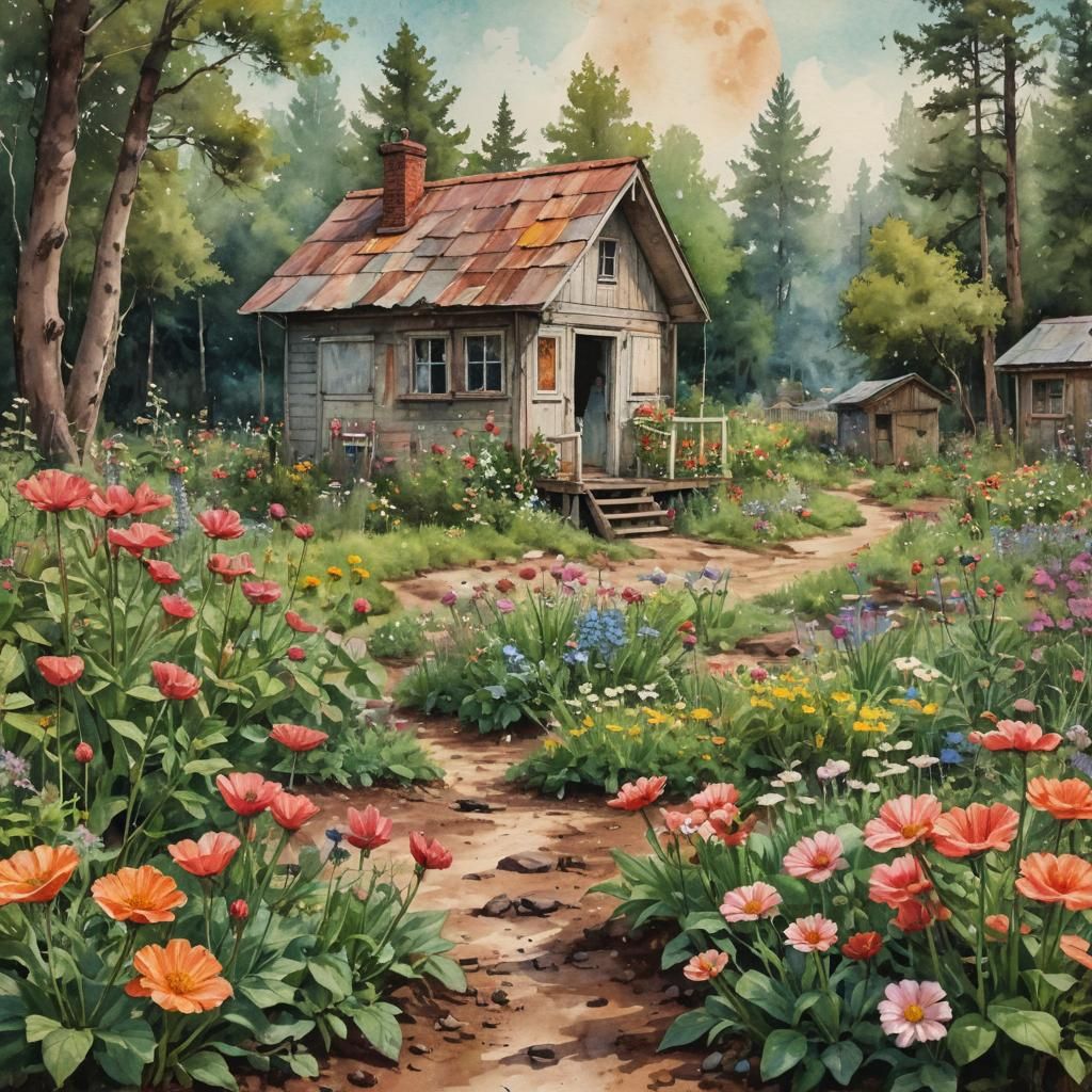 Martian Cottage with Hovering Planets, Watercolor Style