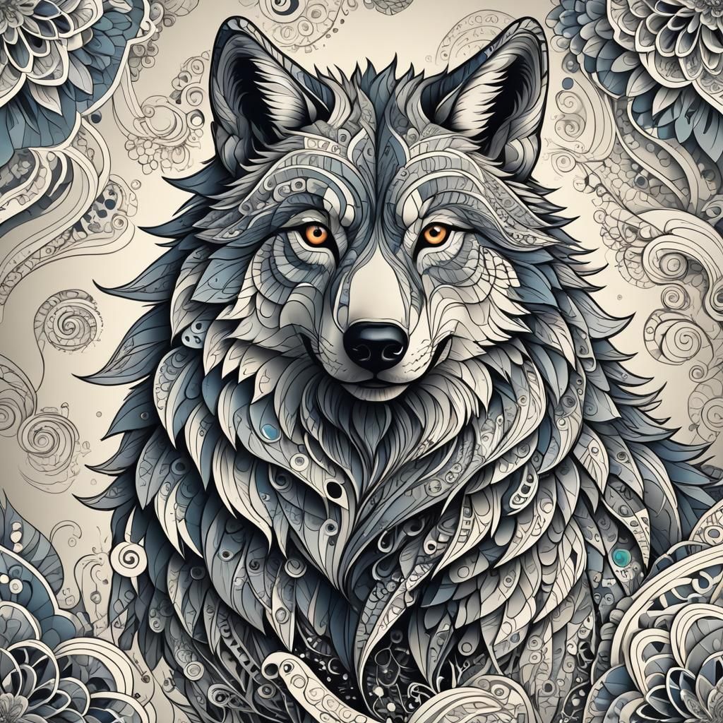 Cute Wolf in Abstract Vector Fractal Style