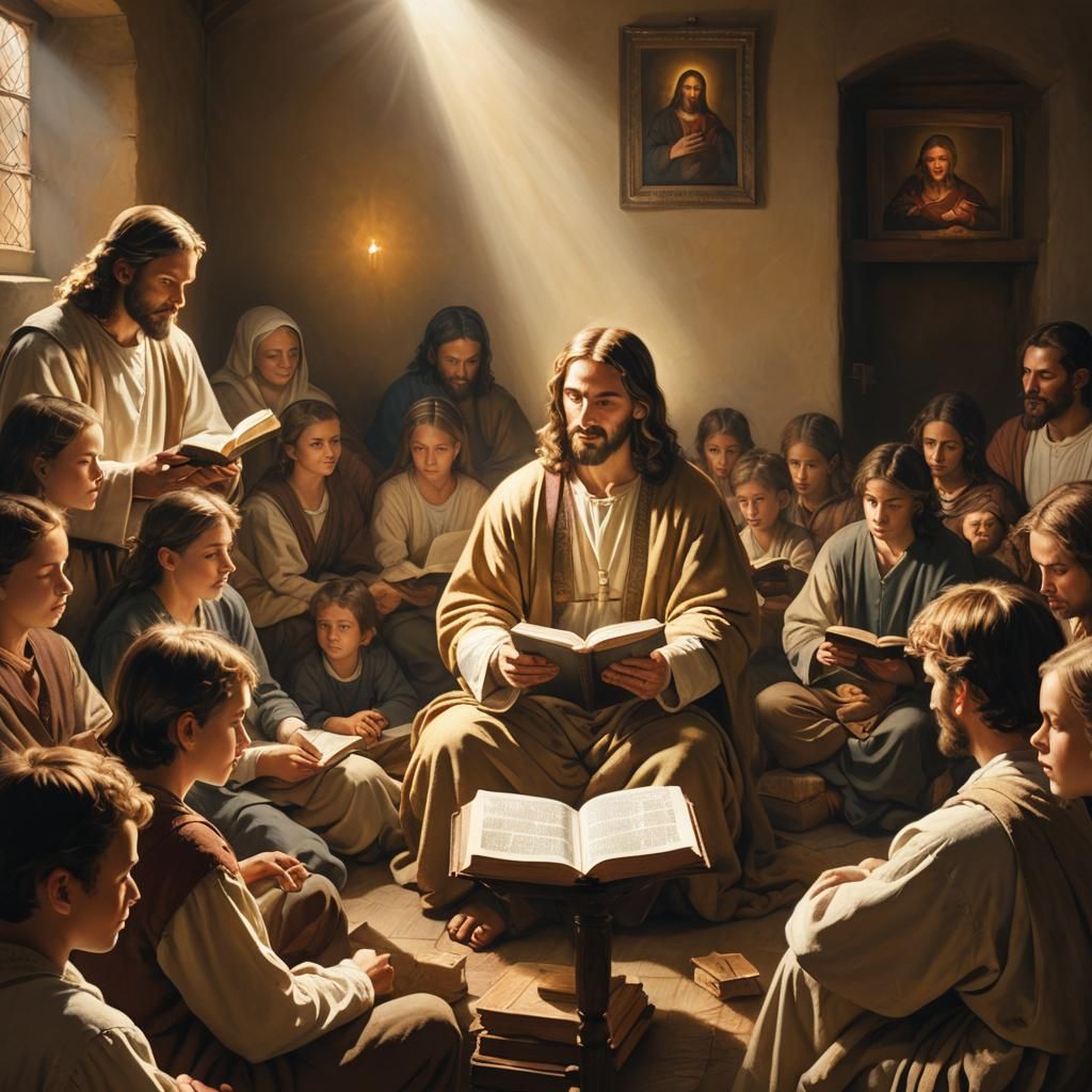 Jesus Reading Bible to Crowd in Rembrandt Style