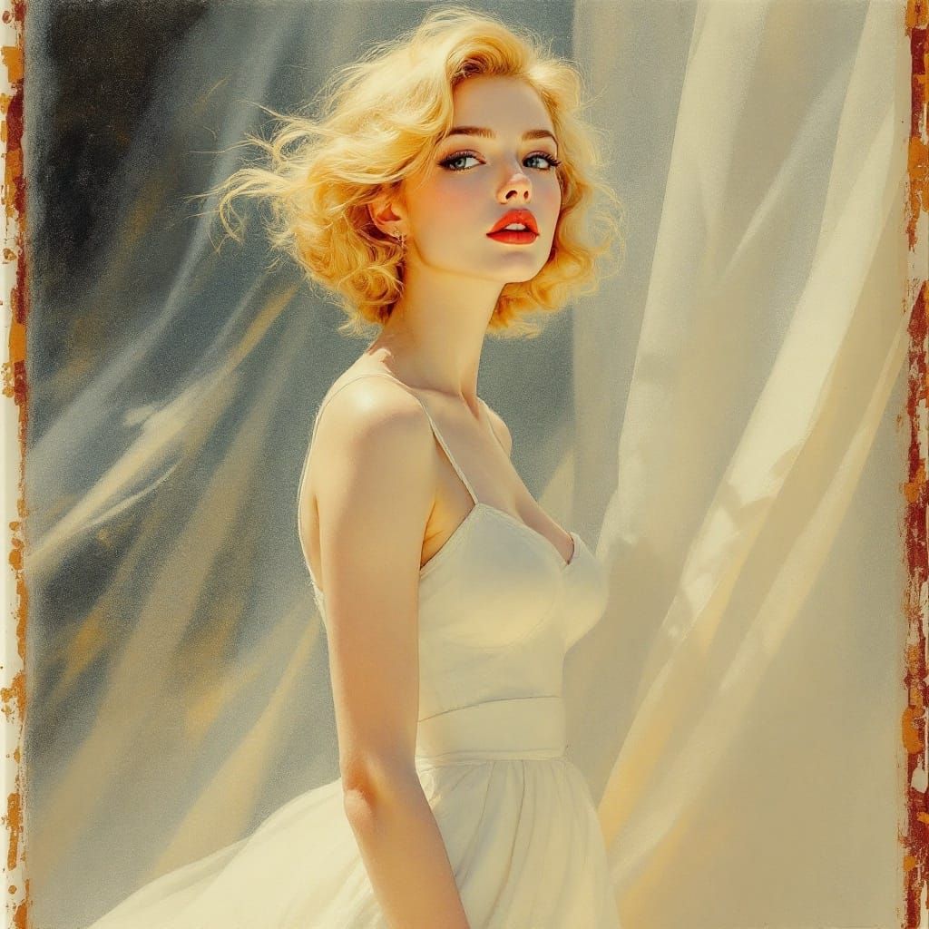 1950s Pin-Up in Encaustic Wax, Yoshitaka Amano Style