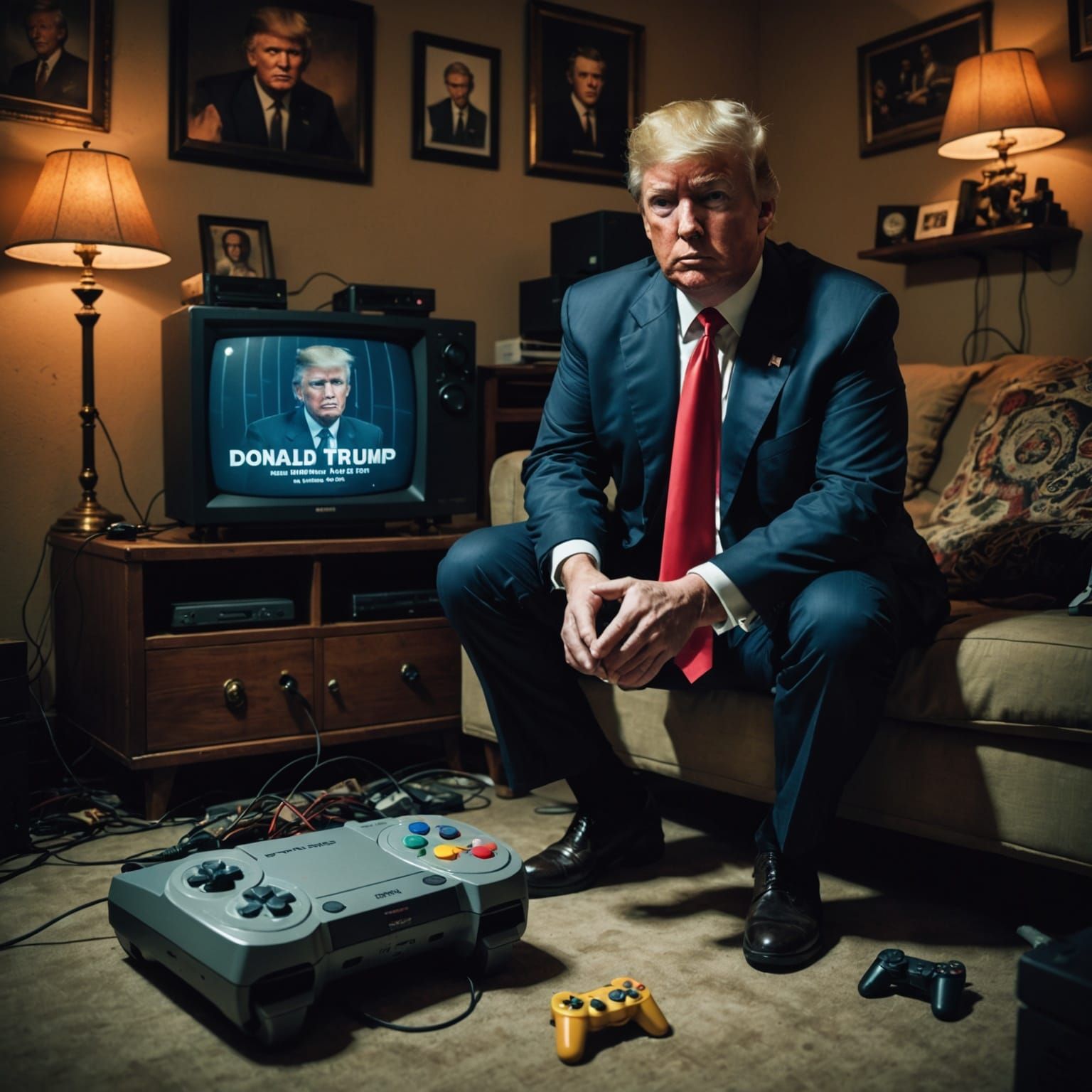 Donald Trump Gaming on PlayStation 1 in a Dimly Lit Bedroom