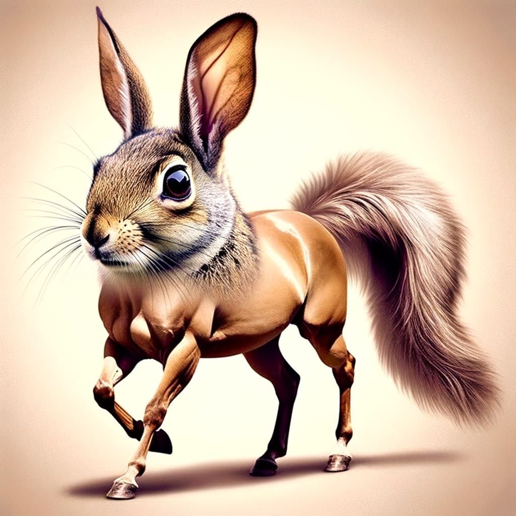 Funny Hybrid Animal: Rabbit Head, Squirrel Body, Horse Legs