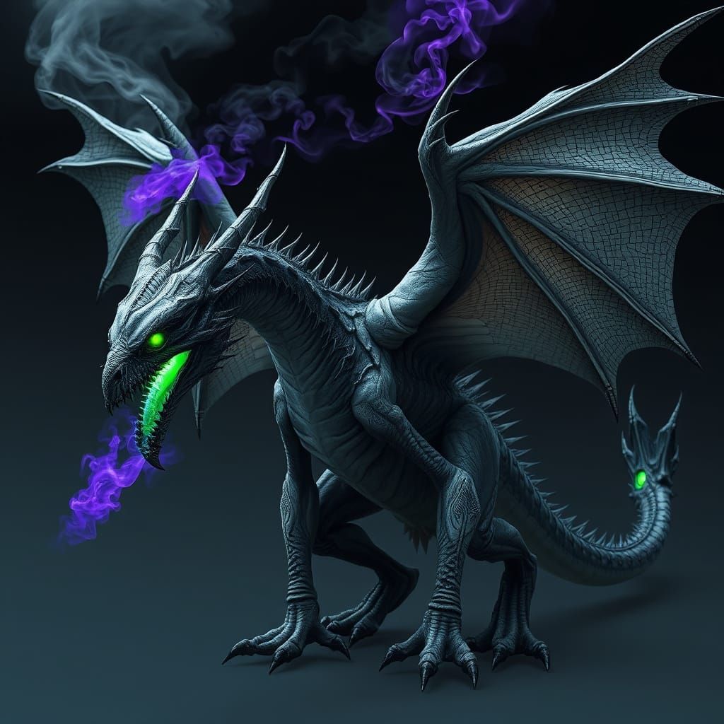 Majestic Undead Black Dragon with Glowing Green Eyes and Poi...