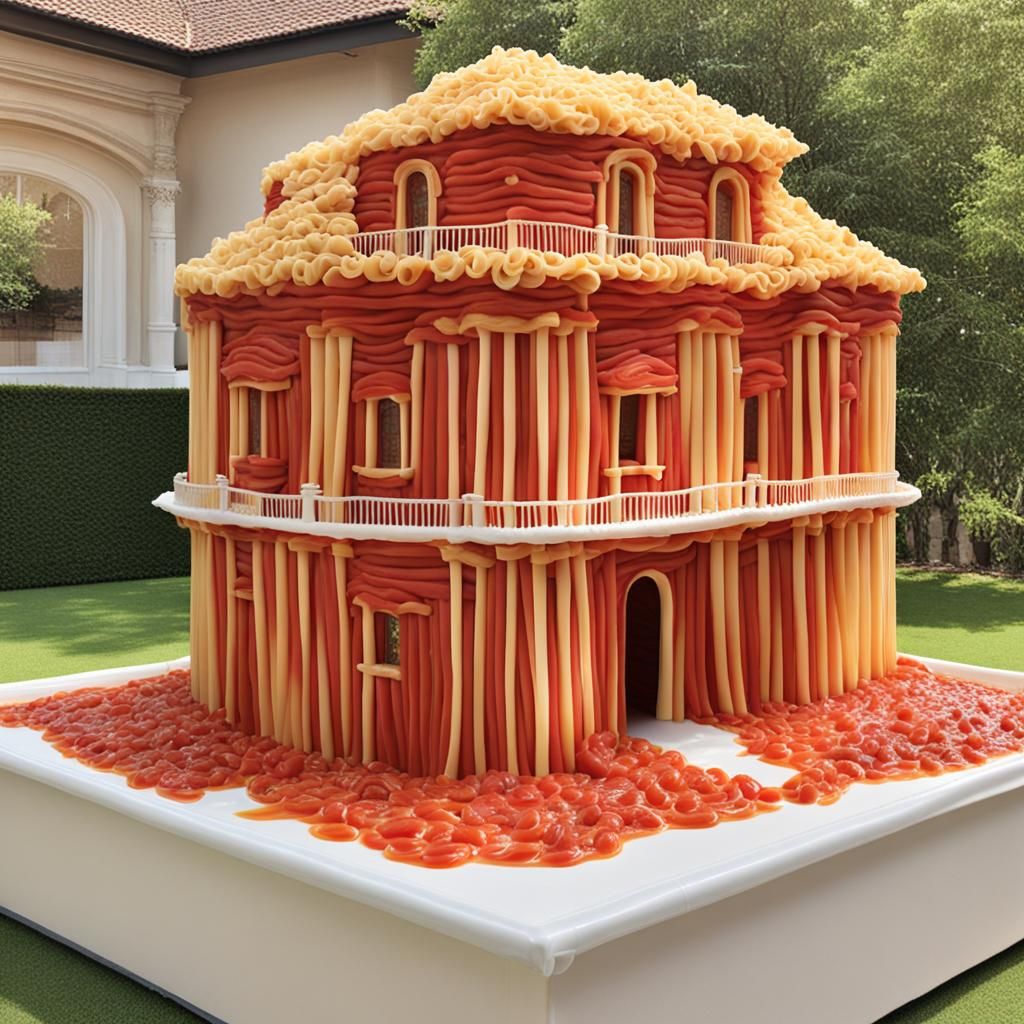 Giant Pasta House on Dish with Tomato Sauce Pool