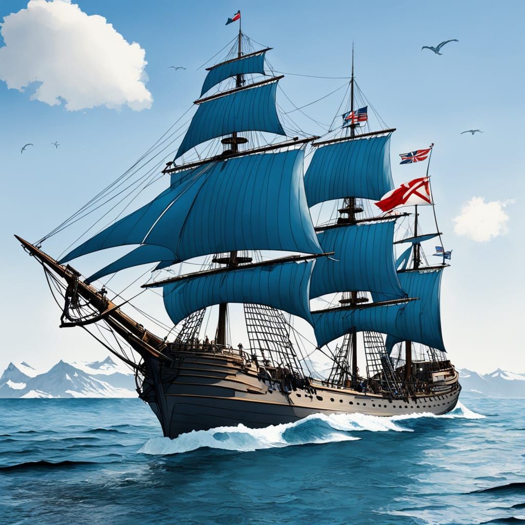 Ancient Blue Warship Sails with Enchanted Mermaid Figurehead