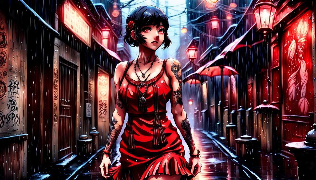 Rain-Soaked Cyberpunk Flapper in Manga Anime Style