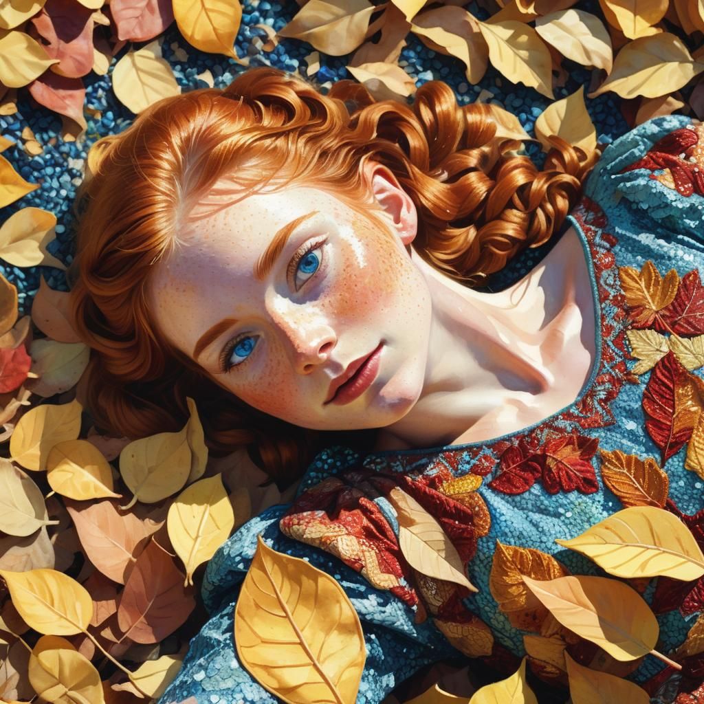 Woman in Autumn Leaves, Pointillism Oil Painting