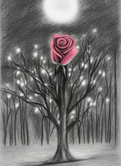 Rose at Night in Forest: Pencil Drawing