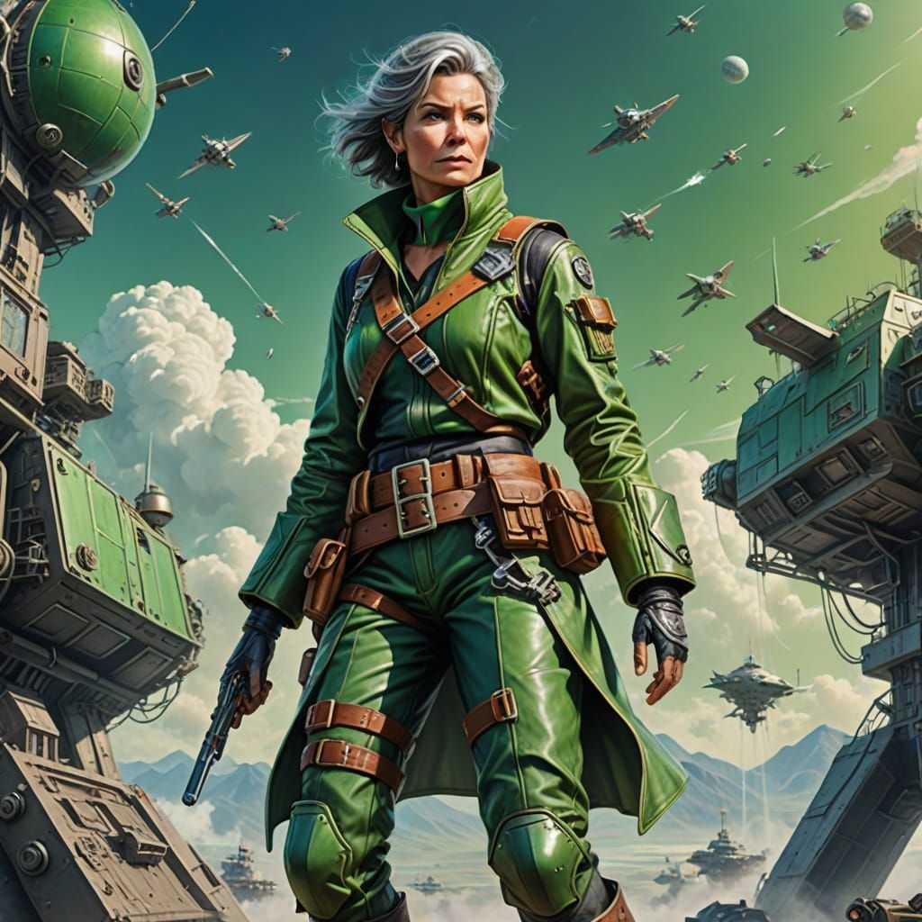 Sky Pirate in Green Leather, 90s Sci-Fi Style